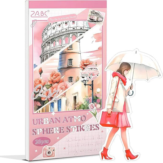 Snycler Pink City Series Sticker Book - 20 Sheets Vintage PET Stickers for Scrapbooking, Junk Journaling, Ephemera, and Decorative Crafts - Pre-Cut Urban Design Stickers