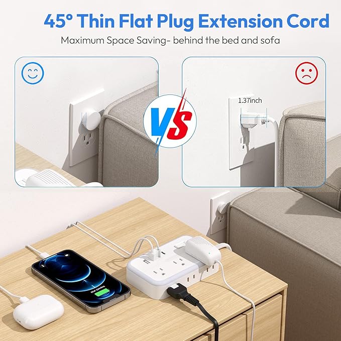 Flat Plug Extension Cord 25 ft, Surge Protector Power Strip, Outlet Extender with 6 Outlets 4 USB Ports, Overload Protection, Long Extension Cord with Multiple Outlets for Indoor, Home, Office, White
