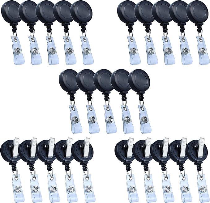 25 Pack Badge Reels Retractable Badge Holder with Clip, Id Clips for Badges, Id Badge Reel, Retractable Id Badge Clip with Clear Vinyl Strap & Alligator Swivel, No Twist Dispenser (Black)