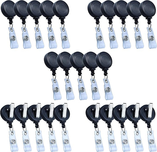25 Pack Badge Reels Retractable Badge Holder with Clip, Id Clips for Badges, Id Badge Reel, Retractable Id Badge Clip with Clear Vinyl Strap & Alligator Swivel, No Twist Dispenser (Black)