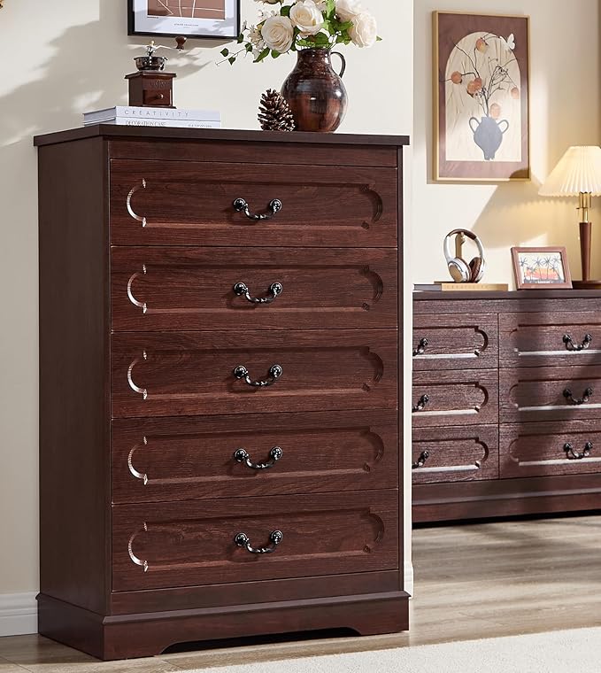 LIDYUK 5 Drawer Dresser for Bedroom Farmhouse Cherry Wood Chest of Drawers for Bedroom Dresser, Rustic 46" Tall Wide Drawers Dressers Wooden Closet Storage Cabinet, Hallway, Living Room