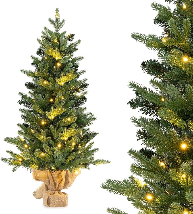HAPPYGRILL 3FT Small Pre-Lit Christmas Tree, Mini Tabletop Xmas Tree with 363 Branch Tips, 50 LED Lights, Burlap Cement Base, Timer, Artificial Spruce Christmas Tree for Home Office Decor