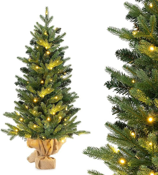 HAPPYGRILL 3FT Small Pre-Lit Christmas Tree, Mini Tabletop Xmas Tree with 363 Branch Tips, 50 LED Lights, Burlap Cement Base, Timer, Artificial Spruce Christmas Tree for Home Office Decor