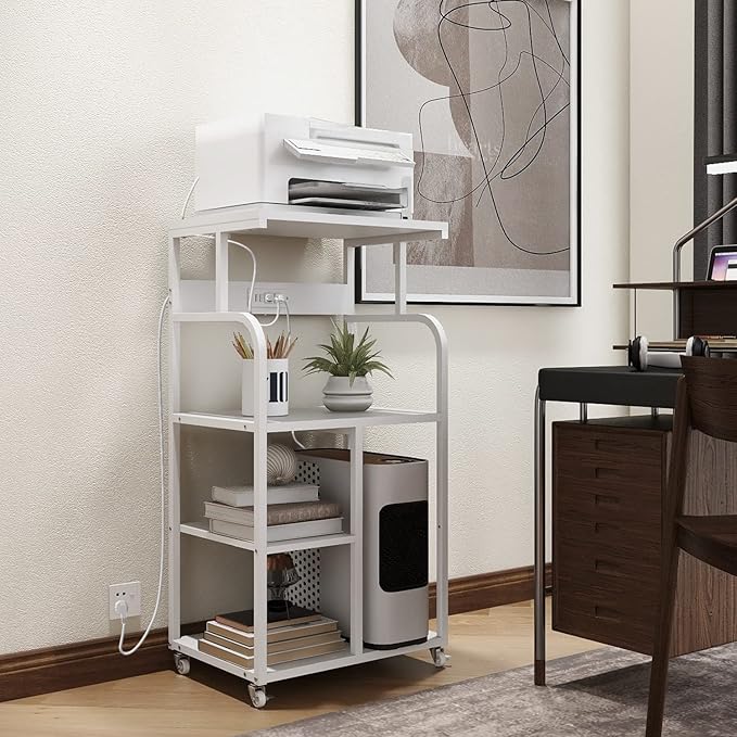 VEDECASA Mobile High Printer Stand with Power Outlet Charging Plugs USB Port Office Storage Shelf Includes Computer Tower CPU Stand Holder with Wheel (White)
