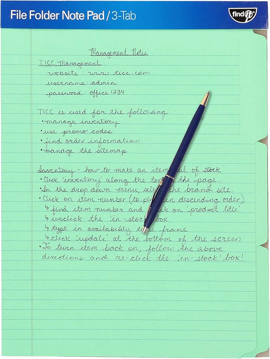 Find It File Folder Notepad - Pack of 12-9.5 x 12.5 Inch Notebook Organizer Folders for Filing, Document, and Clipboard Organization - Green