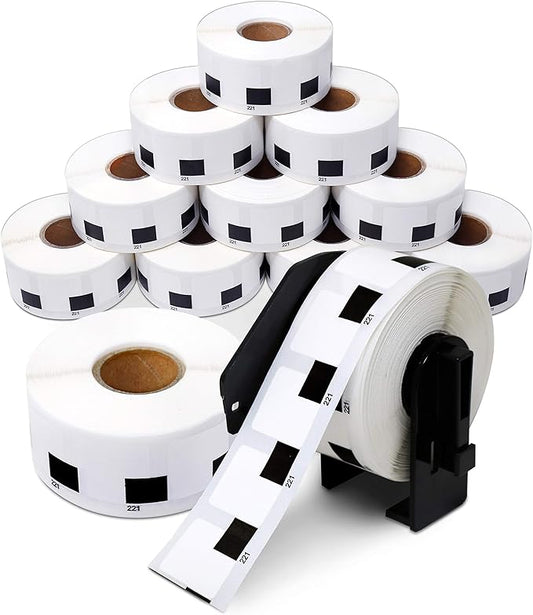 Aegis Adhesives - Compatible Label Replacement for Brother DK-1221 (0.9 Inch) Square Stickers, Use with QL Printers - 12 Rolls + 1 Frame