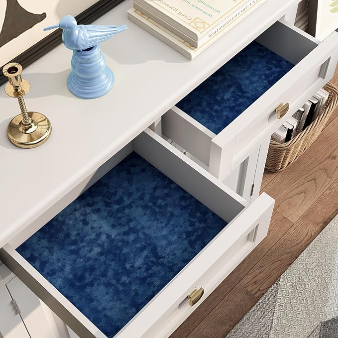 Decotalk Felt Drawer Liner Blue Velvet Shelf Liner - Felt Adhesive Sheet Dark Blue Velvet Wallpaper Peel and Stick 15.7"x120" Self Adhesive Drawer Lining Velvets Contact Paper for Cabinets and Drawers