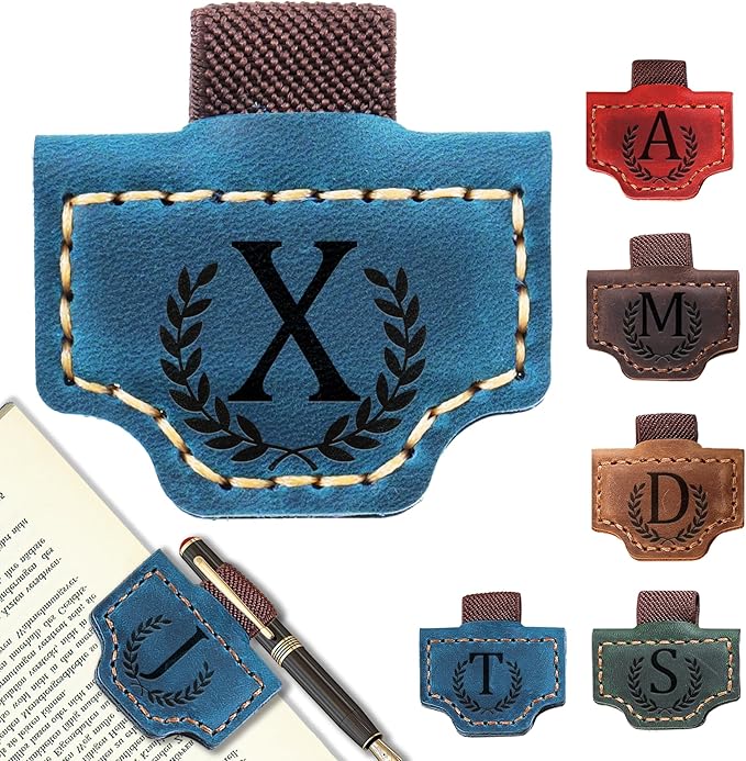 Personalized Bygone Mark Bookmark with Pen Holder, Leather Magnetic Bookmark 26 Letters Name Initial Bookmarks for Readers, Book Lover Gifts for Women Men Notebook Accessories (Blue, X)