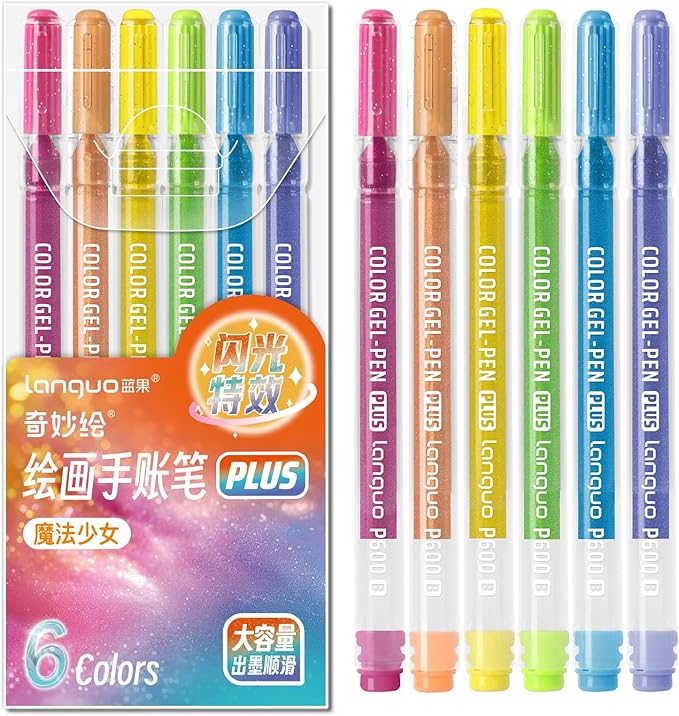 Glitter Gel Pens, 6 Pack Colored Pens for Black Paper & White Paper, 1.0mm Point Pens, Large Capacity Ink Pens for Coloring, Writing, Drawing, Journaling, Note Taking, School, Office, Home