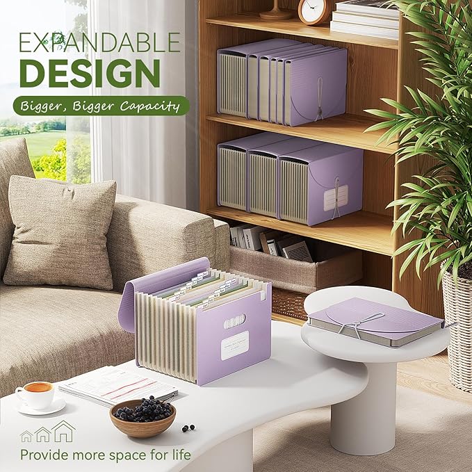 Accordion File Organizer, 13 Pockets Wheat Straw Expanding File Folder, Portable Monthly Paper Bill Tax Receipt Organizer, Letter A4 Size Document Holder with Colorful Tab-Lavender Purple