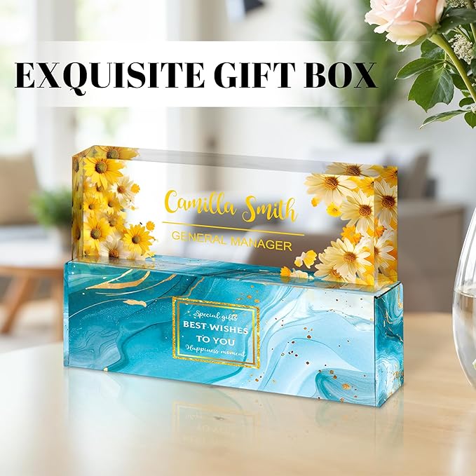 Ship Next Day Personalized Name Plate for Desk, Custom Acrylic Desk Name Sign, Office Appreciation Gifts for Women Men Coworkers Boss Teacher Employee (Flower-Sunflower)