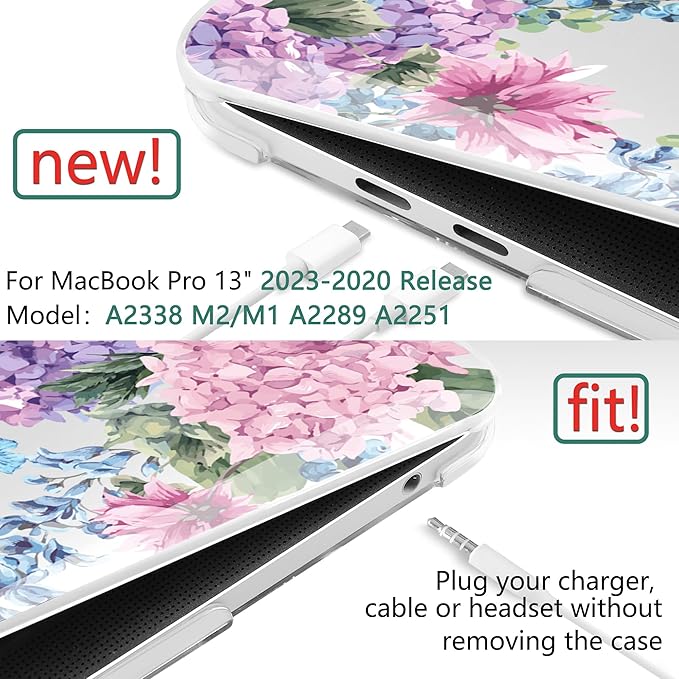 TWOLSKOO Compatible with MacBook Pro 13 inch Case 2023-2016 A2338 M2/M1 A2251 A2289 A2159 A1989 A1706, Plastic Hard Shell Cover & Keyboard Skin & Screen Protector, Colorful Hydrangea