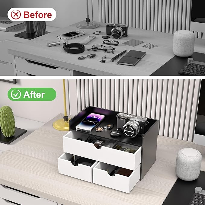 Wisuce Desk Organizer with Drawers - Bamboo Desktop Organizer Storage | Black-White Wood Desk Makeup Dresser Top Organizer for Cosmetics No Assembly Required