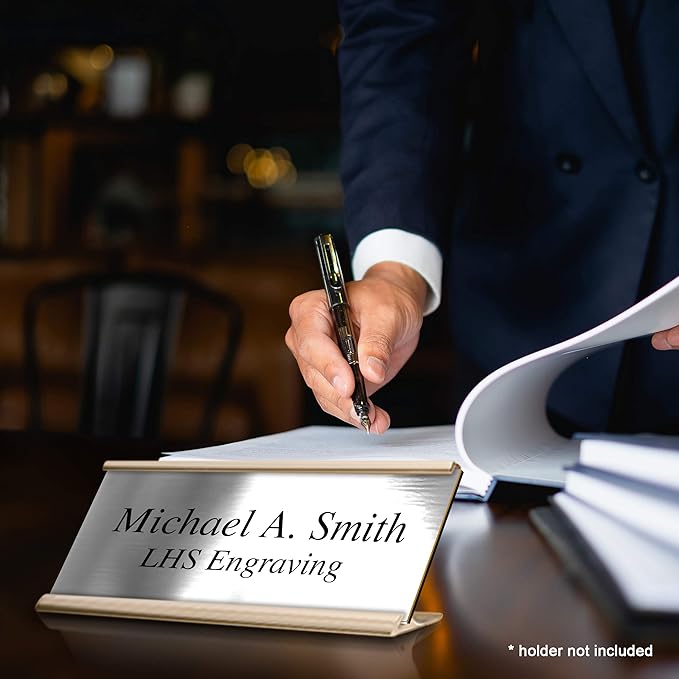 Door Name Plate Personalized for Office Brushed Steel Plastic Name Plate Black Letters - Made in USA 2x4 M1