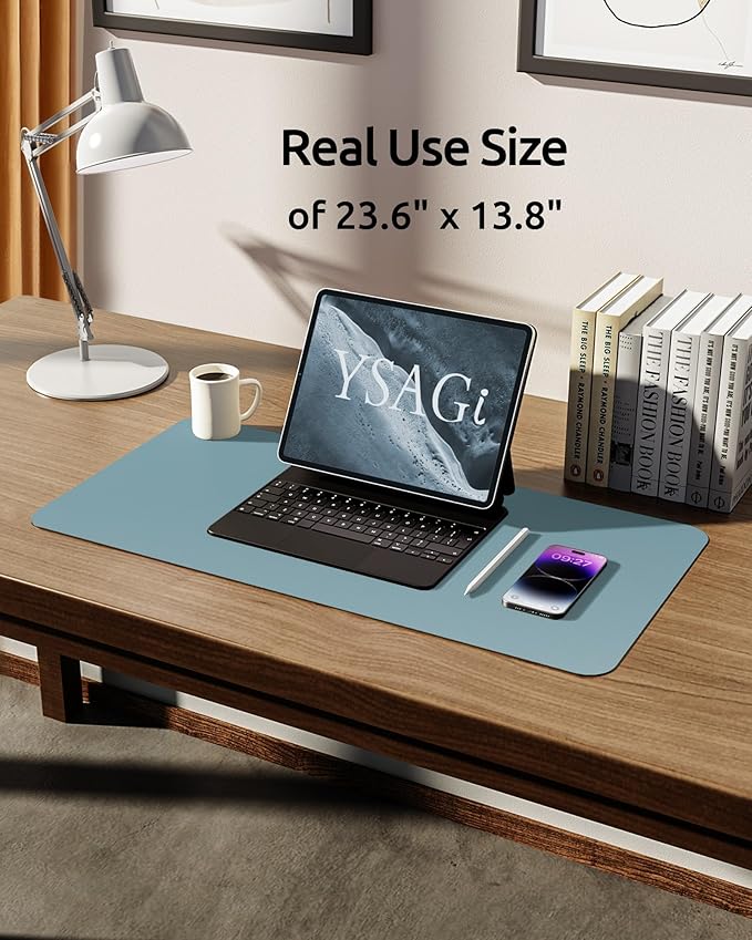 YSAGi Leather Desk Protector, Office Mat, Large Mouse Mat, Non-Slip PU Leather Blotter, Laptop Desk Pad, Waterproof Writing Pad for Office and Home (Ice Blue, 23.6" x 13.8")