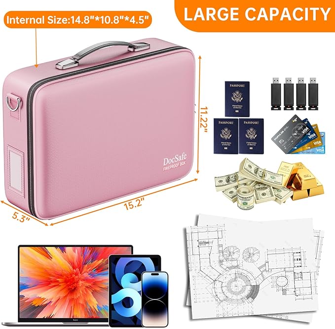 DocSafe Fireproof Document Box with Lock＆Shoulder Strap,Hard Case File Organizer with Accordion File Folder,Multi-Layer Portable Home Office Travel Safe Storage for Important Documents Laptop Pink