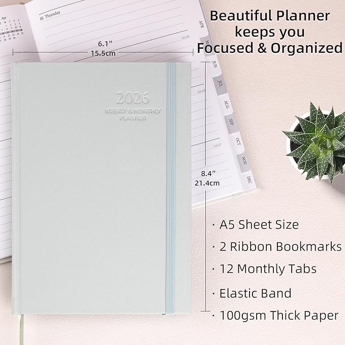 2026 Planner - Weekly and Monthly Planner, January 2026 - December 2026, Linen Hardcover, 2026 Calendar Planner Book with Tabs, Aesthetic, Perfect for Office Home School Supplies (Green, A5)