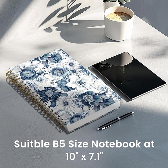 Lined Spiral Notebook Journal for Work, 300 Pages Thick B5 (7.1"x10") College Ruled Journal for Women & Writing, Hardcover Notebook for Note Taking, Perfect for Office Home School, Blue Floral