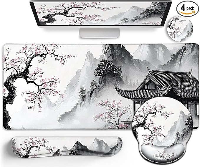 Japanese Ergonomic Mouse Pad Large Desk Mat Set, XXL Anime Mousepad with Wrist Rest, Wrist Support Gaming Keyboard Mat Cup Coaster Set, Japanese Style Office Desk Accessories Decor