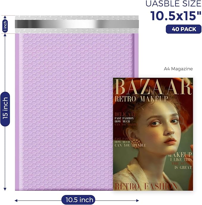 Fuxury Large Bubble Mailers 10.5x16" 40 Pack Self Seal Padded Envelopes Waterproof Mailing Envelopes Bubble Padded Mailers for Packaging, Small Business #5 Lavender