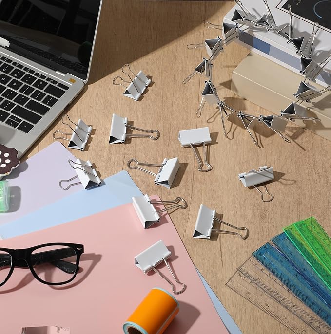 Jetec 200 Pcs 1.6in/41mm Metal White Binder Clips Bulk Medium Reusable Fold Back Binder Clips Paper Clamps Spring Steel Sturdy for Home School Office Supplies