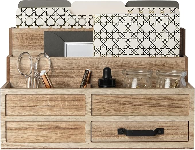 BLU MONACO Natural Wood Mail Organizer with Drawer & Pen Holder – Desk Organizer for Bills, Storage, Countertop & Kitchen