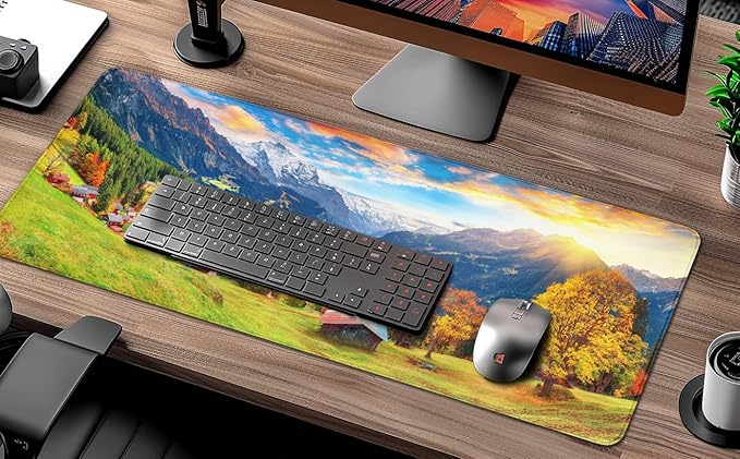 Wengen Village Desk Mat, Lauterbrunnen Valley Mouse Pad, Autumn Scenery Waterproof Mousepad, Alps Mountains Keyboard Pad, Computer Desk Pad for Work, Game, Office, Home, 31.5 X 11.8 Inch, 3mm Thick