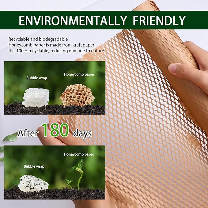 Honeycomb Packing Paper,12" W x 164' L with 24 Fragile Sticker Labels，Eco Friendly Recyclable Packing Paper，Bubble buffer film packaging substitute，for Moving,Products & Gifts Wrapping Paper（Brown）