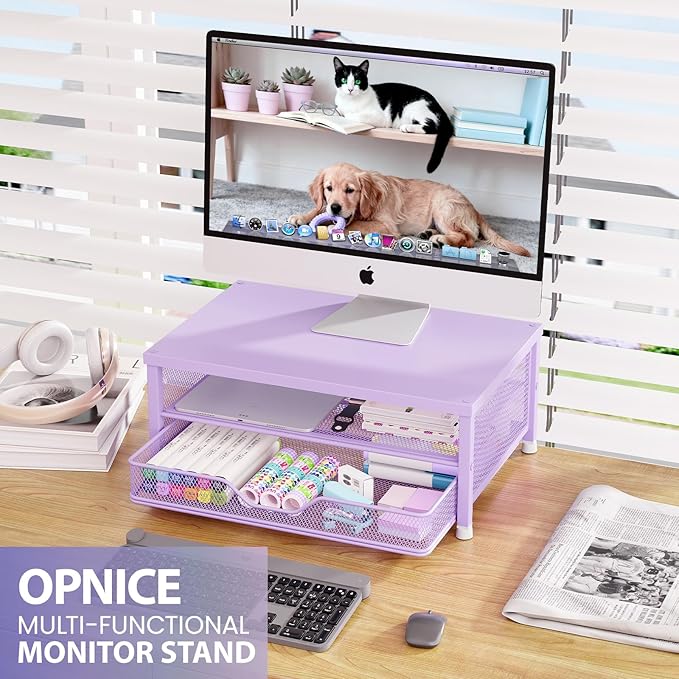OPNICE Computer Monitor Stand Riser, Desk Organizers and Accessories with Drawer, Laptop Stand, Office Desk Accessories & Workspace Desktop Organizers Storage for Office Supplies(Purple)