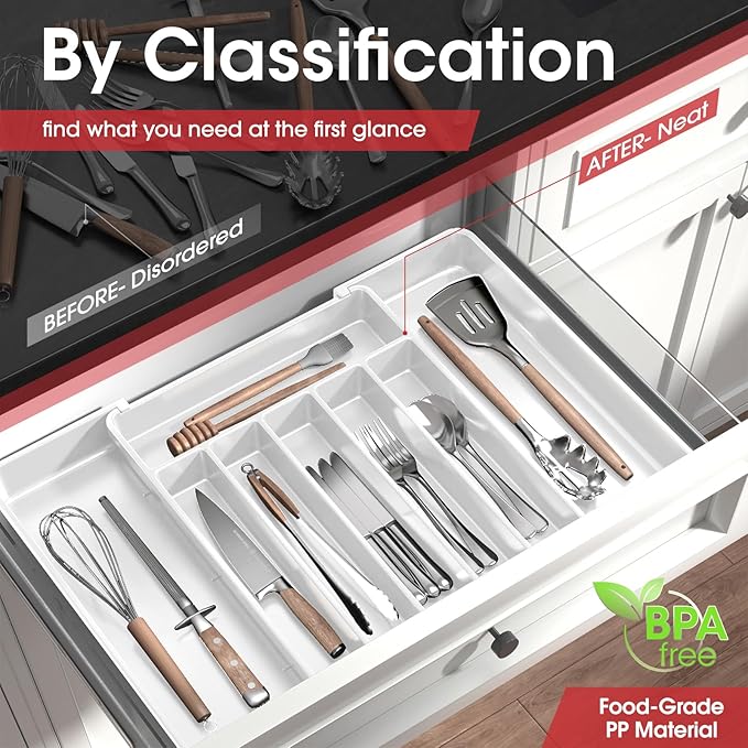 Aujen Silverware Organizer - Expandable Kitchen Drawer Organizer, Adjustable Utensil Organizer, Cutlery Tray for Forks, Knives, Multipurpose Kitchen Organizers and Storage Solution, White, Large
