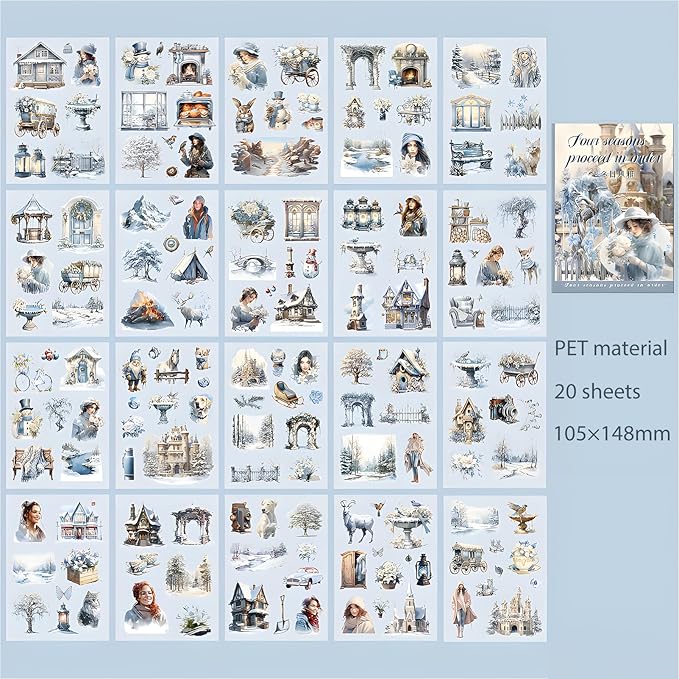 Snycler 20 Sheets PET Stickers - Vintage Journaling, Scrapbooking Supplies, DIY Craft Stickers for Junk Journals, Ephemera Sticker Book, Seasonal Themes (Winter), Pre-Cut Designs
