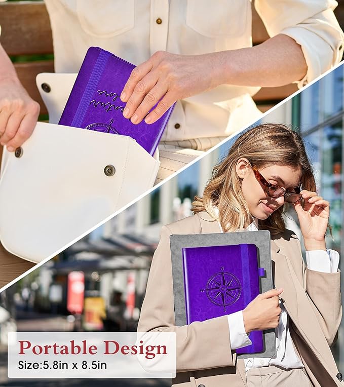 Lined Journal Notebook for Men Women, 160 Pages Ruled Paper, Inner Pocket, A5 Hardcover Vintage Leather Notebooks for Work, School, Travel Journaling, Daily Diary, Notepad 5.8" x 8.5" (Purple)