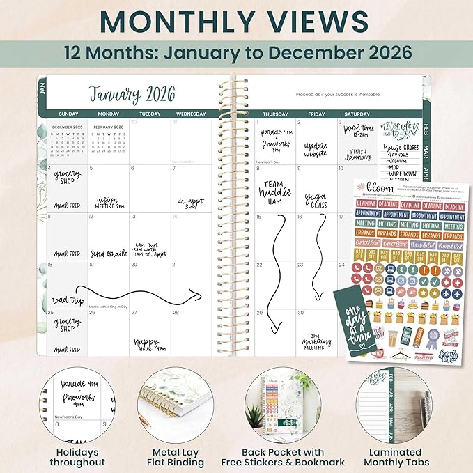 bloom daily planners 2026 Planner (January - December) Calendar Year Organizer - 5.5” x 8.25” - Weekly & Monthly Agenda Book with Stickers & Bookmark - Eucalyptus, White