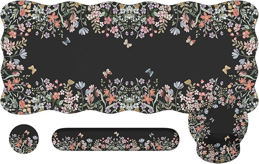 iLeadon Floral Desk Cover Mat Cute, Ergonomic Mouse Pad and Keyboard Wrist Rest, Smooth Mouse Pad Set, Non Slip Scalloped Desk Pad Mat for Keyboard and Mouse Set Women Aesthetics(Black)