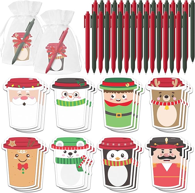 CJiangpo Christmas Sticky Note Set - 24 Pack Coffee Cup Sticky Note Pads with Ballpoint Pens Ribbons, Funny Memo Pad Stationery Set Classroom Rewards Xmas Party Favors School Office Appreciation Gifts