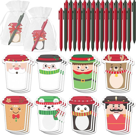 CJiangpo Christmas Sticky Note Set - 24 Pack Coffee Cup Sticky Note Pads with Ballpoint Pens Ribbons, Funny Memo Pad Stationery Set Classroom Rewards Xmas Party Favors School Office Appreciation Gifts