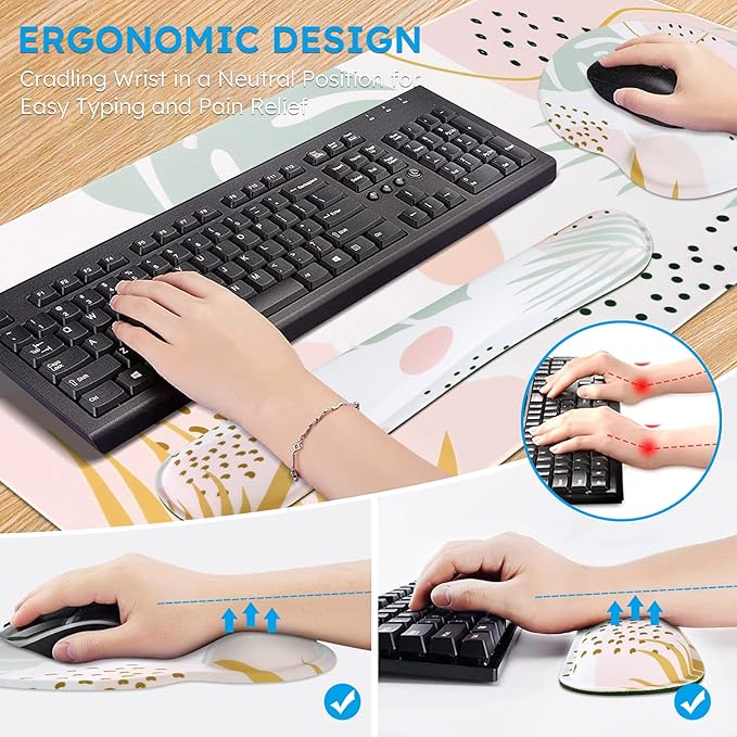 iCasso Desk Mat, Gaming Mouse Pad Wrist Support Set,4in1 XXL Large Mousepad + Keyboard Wrist Rest+Mouse Wrist Rest+Coaster Set with Ergonomic Design for Home Office Table Computer-Morandi