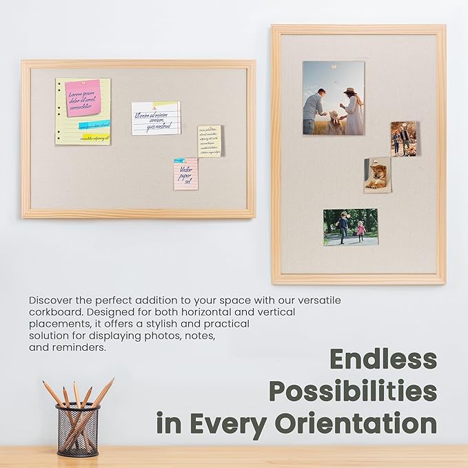 Bulletin Board Cork Board with Linen, 100% Wood Framed 24" x 36" Bulletin Board Decorations, Pin Boards for Walls, Wall Mounted Fabric Picture Board with 10 Pushpins for School, Home & Office, Natural