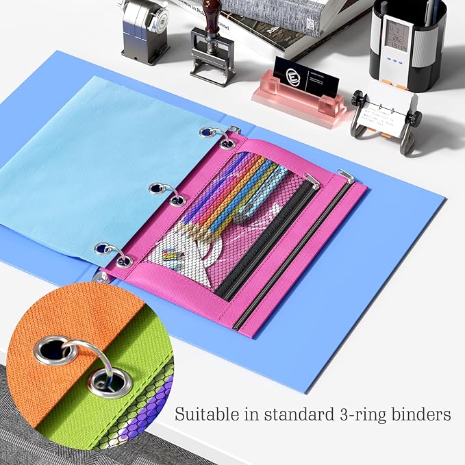 DoDoMagxanadu Binder Pencil Pouches, Pencil Pouch for 3 Ring Binder, Double Pocket Clear Window Pencil Case for Binder, Zippered Pencil Pouches with Rivet Enforced 3 Ring, 6 Pack