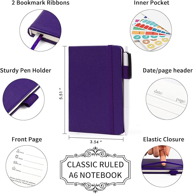 feela 6 Pack Pocket Mini Notebooks Bulk, Small Cute Memo Notepads Hardcover College Ruled Lined Journals with Pen Holder for School Business Work, with 6 Black Pens, 3.5”x 5.5”, A6, Purple