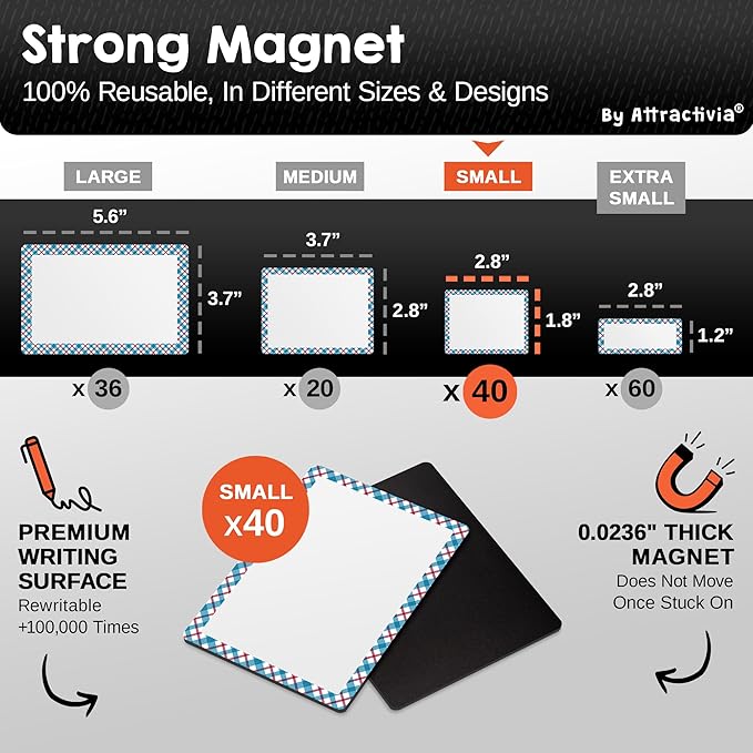 Dry Erase Magnetic Labels 2.8 x 1.8 in, Pattern Borders, Small Dry Erase Magnets, 40-Pack, Colored Erasable Write-On All-Purpose Labels, for Office, Education, Home, Whiteboard