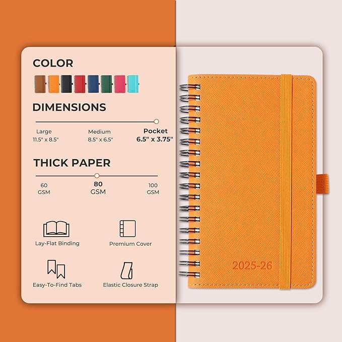 Planner 2025-2026 Daily Weekly and Monthly,6.5"x3.75",18 Months Spiral Bound Calendar Agenda with Self-adhesive Pen Holder,2026 Academic Plan with Vegan Leather Soft Cover,Orange
