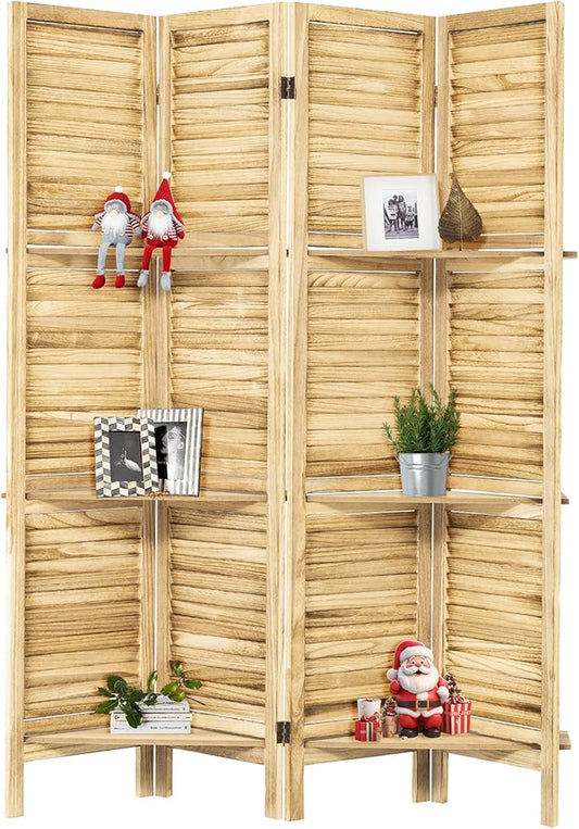 NicBex 4 Panel Room Divider,5.6FT Wood Carved Room Dividers with Display Shelves Folding Privacy Screens Portable Freestanding Partition Wall Dividers for Room Separation, Bedroom Office,Natural Wood