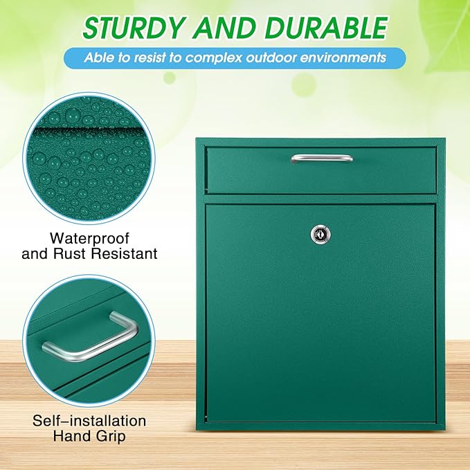 Locking Mailbox with Key for Outdoor 12 x 10.5 x 4.7 Inches Large Wall Mount Mail Box with Lock Security Mail Drop Metal Collection Boxes Hanging Secure Postbox(Green)