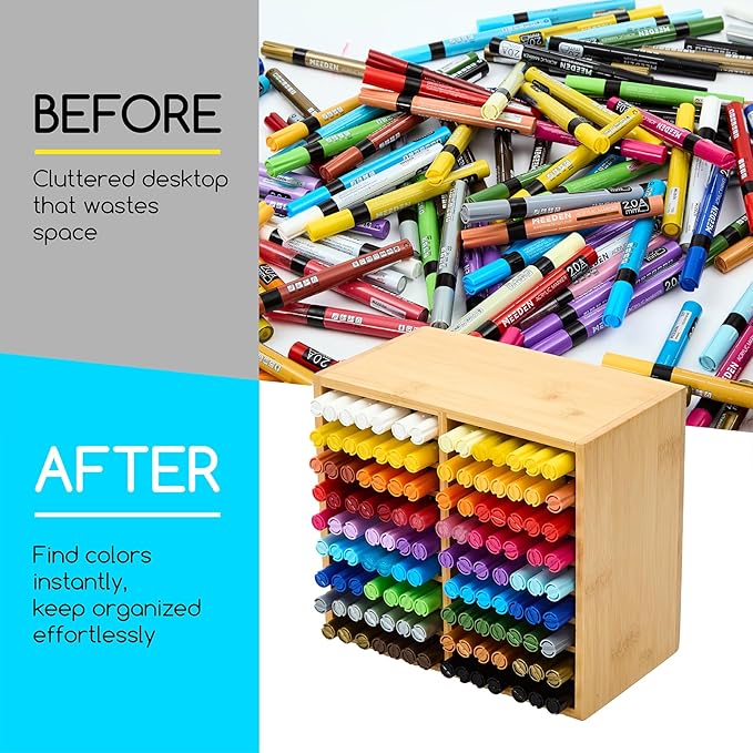 MEEDEN Bamboo Marker Holder Organizer: Holds 126 Pens with 18 Compartments- Art Supply Storage & Holder for Alcohol Markers，Pens，Pencils