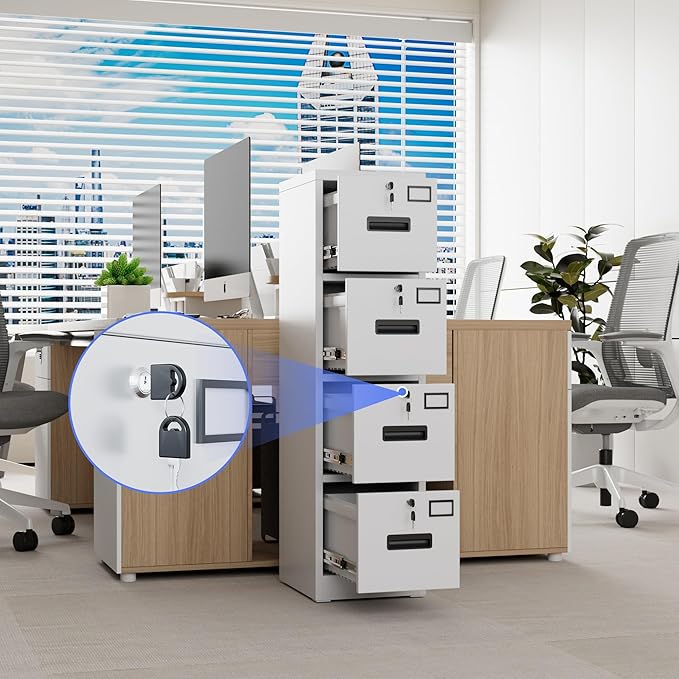 METAN Upgrade Metal 4 Drawer Files Cabinet for Home Office,Lockable Steel File Storage Cabinet with 4 Locks for Hanging Legal/Letter A4 Size, Assembly Required,White