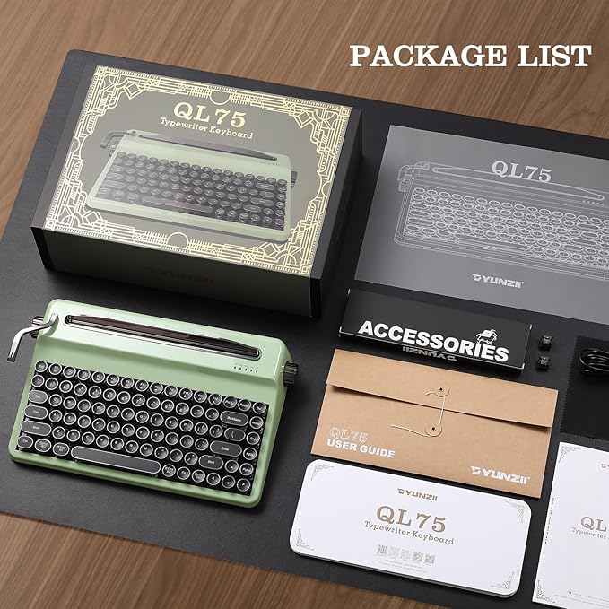 YUNZII QL75 Wireless Typewriter Hot Swap Retro Mechanical Keyboard,Punk Round Keycaps,RGB Backlit QMK/VIA Programmable, Multi-Device Keyboard with 2.4GHz/Type-C/BT5.0 (Green, Cocoa Cream V2 Switch)