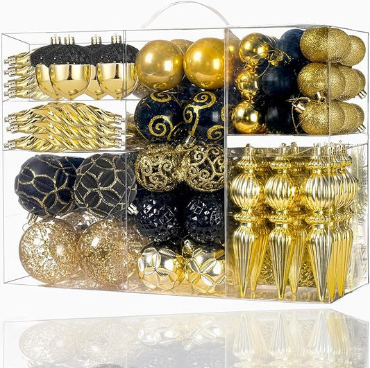 123pcs Christmas Ball Ornaments Set, Shatterproof Plastic Balls for Classic Xmas Decorations, Hanging Ornaments for Christmas Tree, Holiday, Bridal, Home Party, Gold and Black