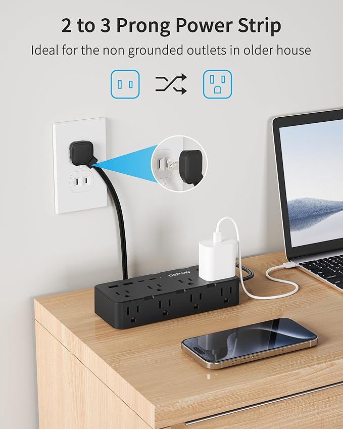 Black 2 Prong Power Strip, 2 to 3 Prong Outlet Adapter with 8 AC & 4 USB Ports (2 USB C), 6 FT Extension Cord, 1700J Two Prong Surge Protector, Wall Mountable, Ideal for Old House