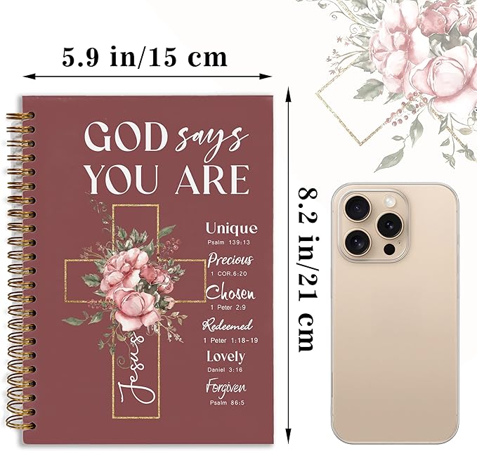 Bible Notebook, A5 Spiral Christian Journal with Floral Pink Butterfly Notebook, Bible Verse-God Says You Are, Inspirational Notebooks for Women, Bible Study, Gift for Birthday Christmas